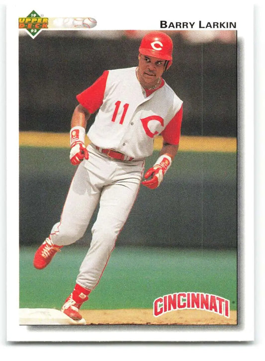 Barry Larkin Cincinnati Reds baseball trading card from Upper Deck in white and red uniform