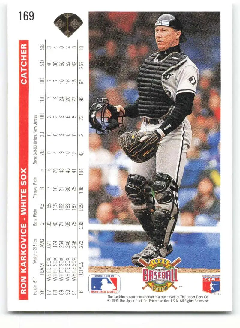 Chicago White Sox Baseball Card featuring Ron Karkovice in catching gear