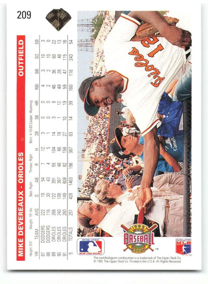 1992 Upper Deck #209 Mike Devereaux Baseball Card featuring Baltimore Orioles fans interaction