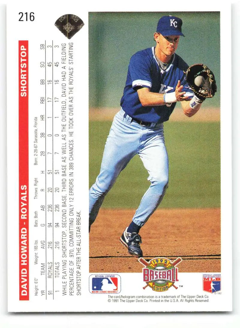 1992 Upper Deck #216 David Howard fielding a ground ball for Kansas City Royals