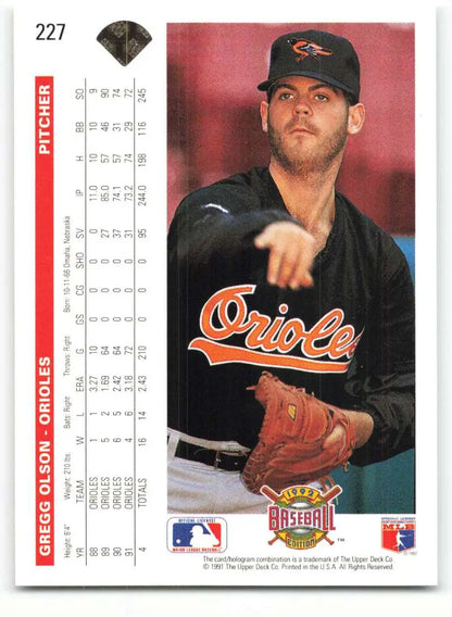 Baseball card of Gregg Olson in black uniform for Upper Deck Baltimore Orioles