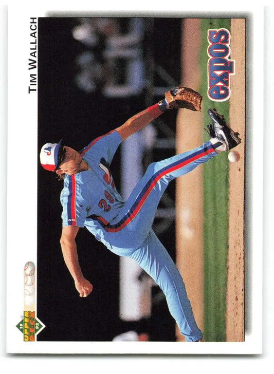 Tim Wallach mid-pitch in light blue Montreal Expos uniform on baseball card