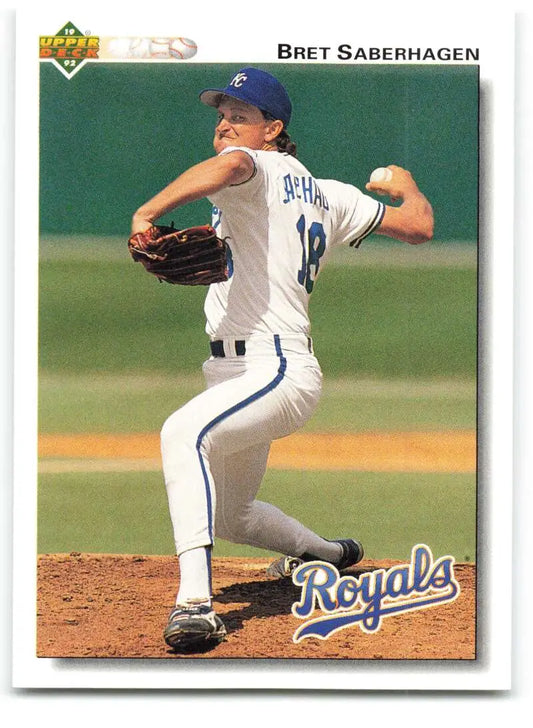 Bret Saberhagen pitching in a white Kansas City Royals uniform baseball card image