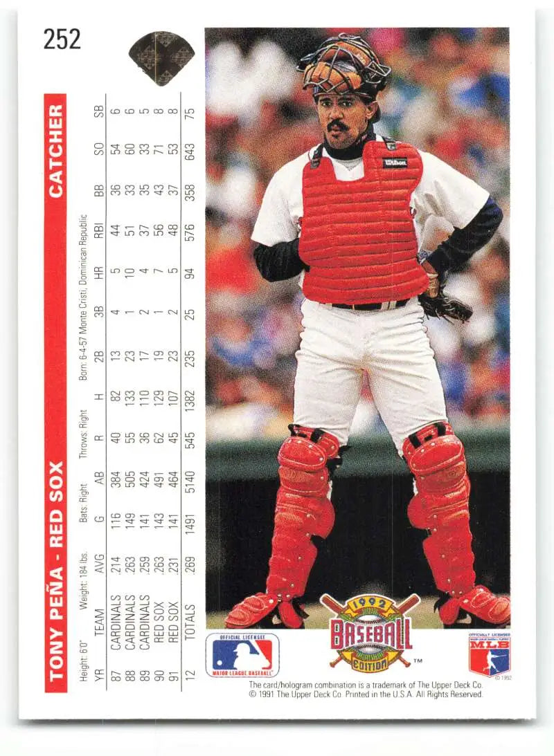 Baseball card of Tony Pena in a red Sox uniform with red gear displayed