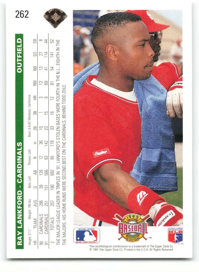 Ray Lankford card in red uniform with blue accents from 1992 Upper Deck #262
