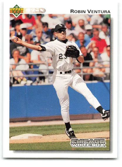 Baseball player Robin Ventura pitching in Chicago White Sox uniform for 1992 card