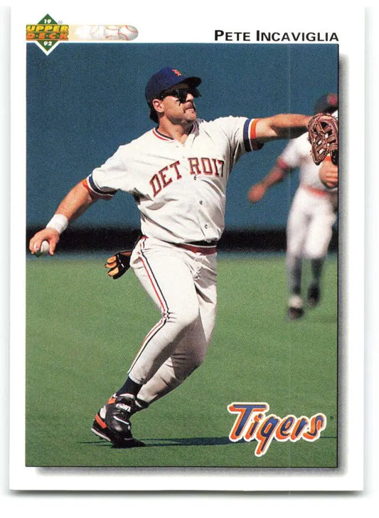 Baseball player Pete Incaviglia in Detroit Tigers uniform throwing a baseball