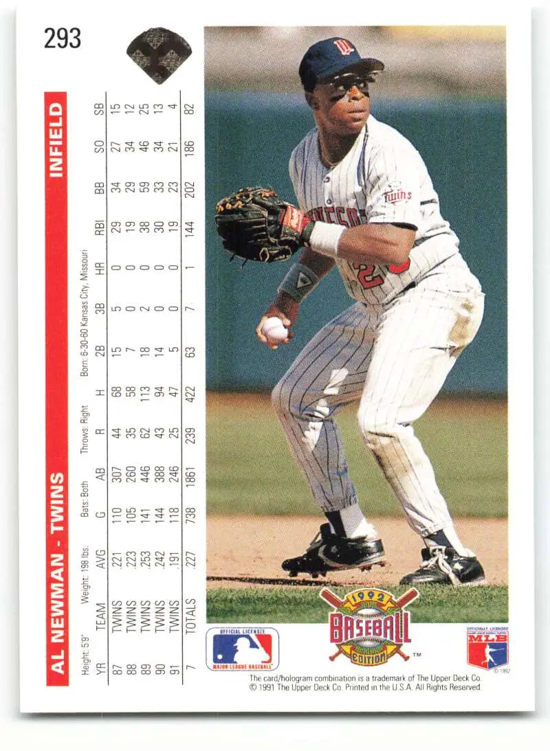 Baseball trading card featuring Al Newman in a pinstriped uniform for Minnesota Twins