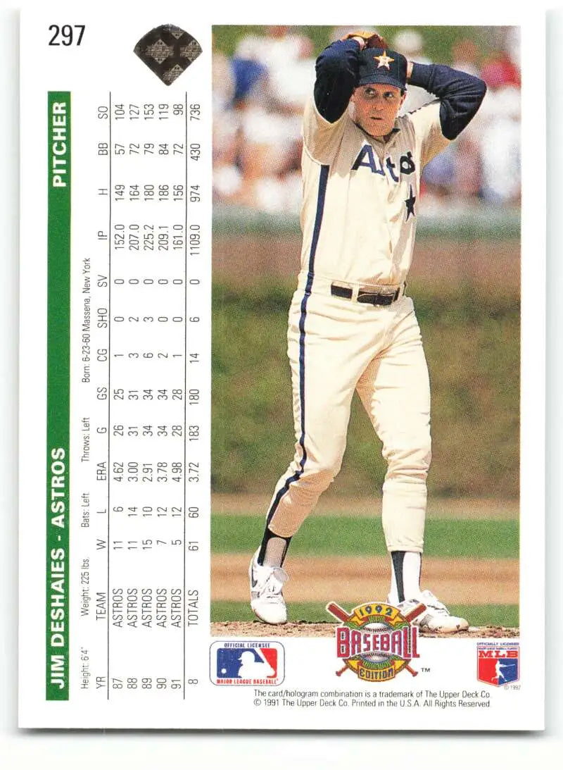 Jim Deshaies 1992 Upper Deck baseball card featuring Houston Astros pitcher in uniform