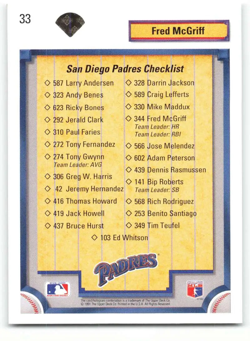 Baseball card checklist for the San Diego Padres featuring Fred McGriff 1992 Upper Deck