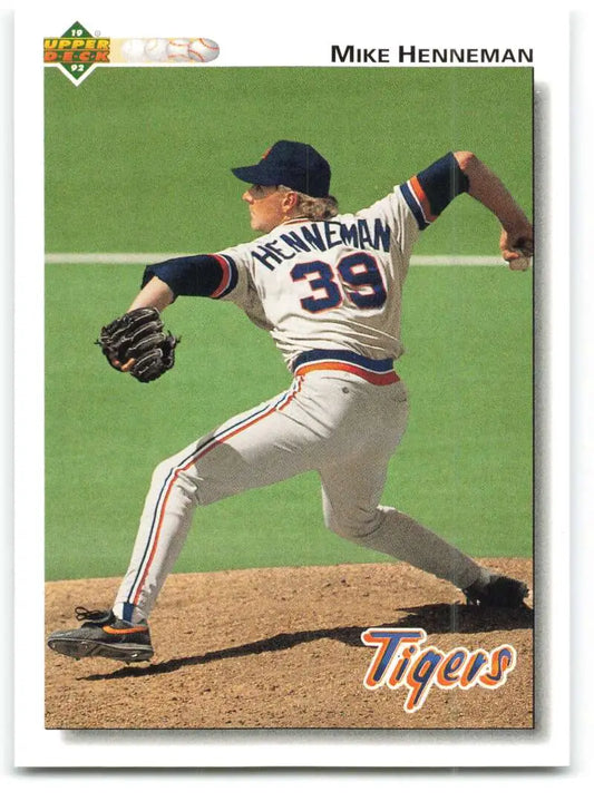 Baseball card of Mike Henneman pitching for Detroit Tigers in Upper Deck series