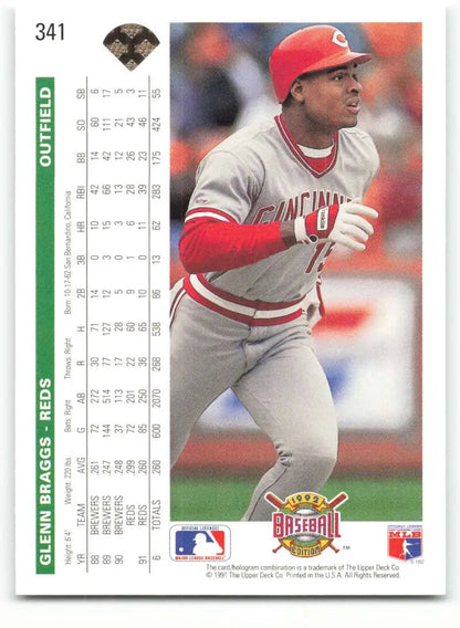 Glenn Braggs 1992 Upper Deck baseball card featuring Cincinnati Reds in gray uniform