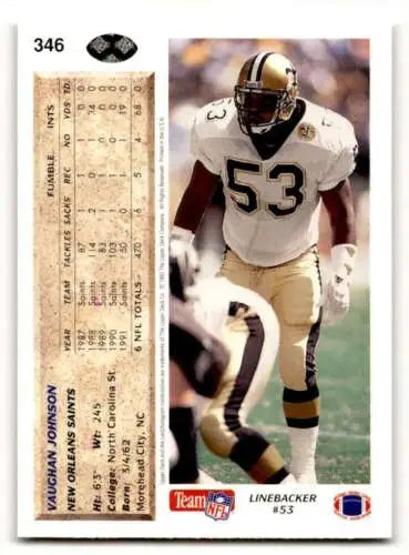 Football card back of 1992 Upper Deck Vaughan Johnson, Orleans Saints football, original gloss