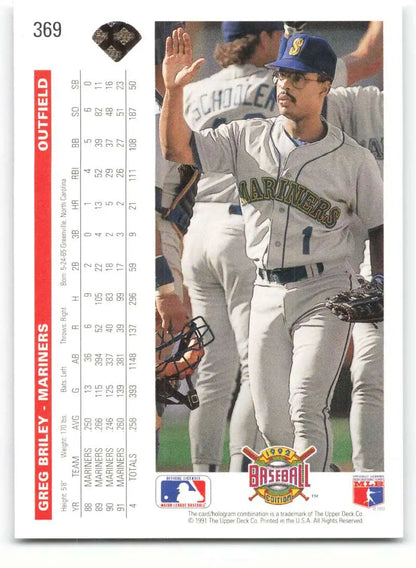 Baseball card of Greg Briley in Seattle Mariners white home uniform, 1992 Upper Deck