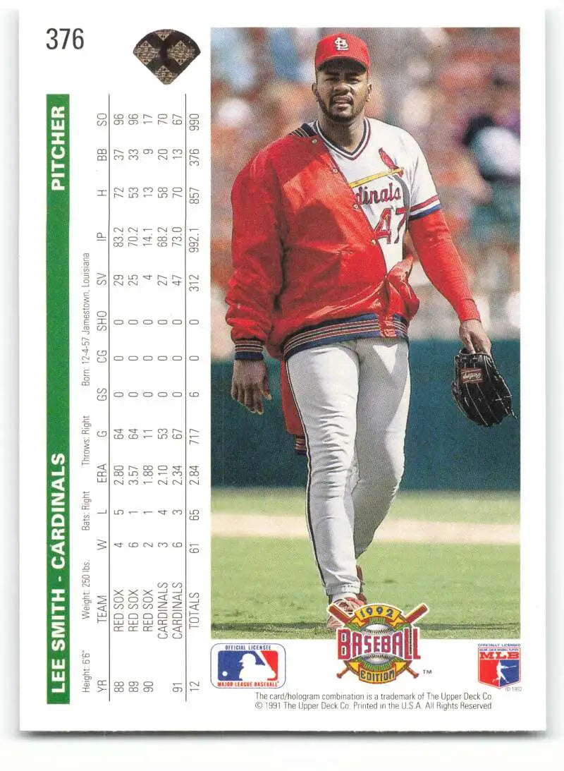 Lee Smith in red uniform walking on field, 1992 Upper Deck St. Louis Cardinals card