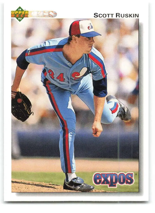 Scott Ruskin Montreal Expos pitcher baseball card in light blue uniform mid-delivery