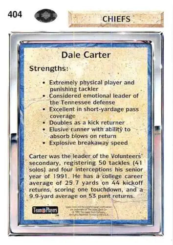 Dale Carter football card from 1992 Upper Deck with original gloss NM-MT RC