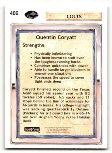 1992 Upper Deck #406 Quentin Coryatt Indianapolis Colts Football Card with original gloss