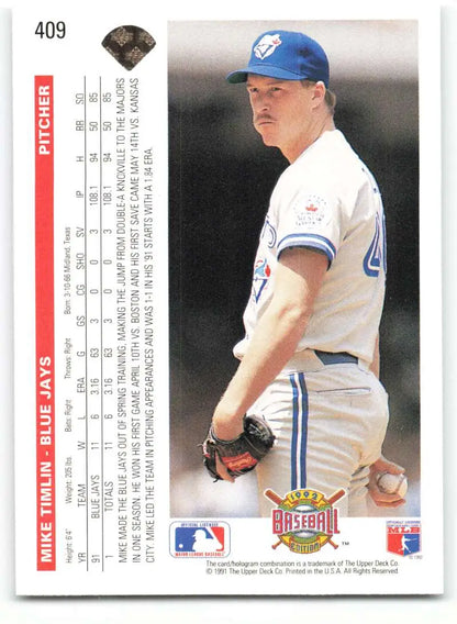 1992 Upper Deck Mike Timlin Baseball Card featuring Toronto Blue Jays pitcher in white uniform