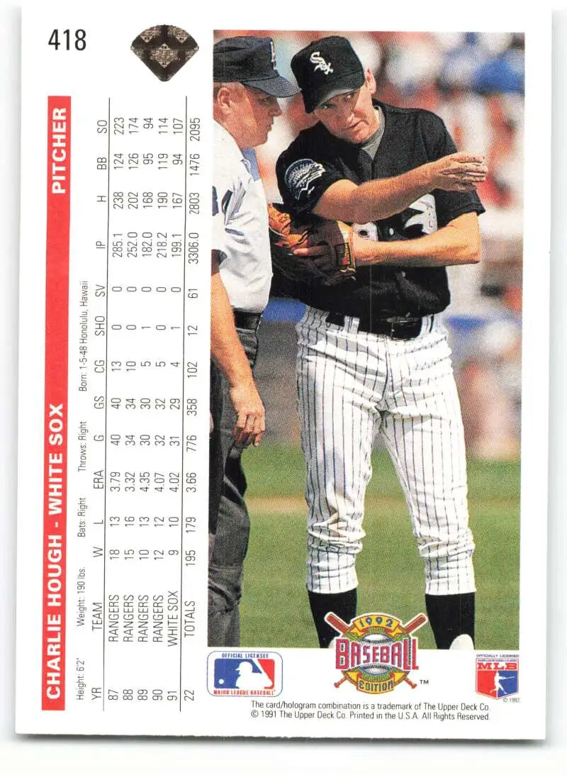 Baseball trading card featuring Charlie Hough discussing with an umpire, Chicago White Sox