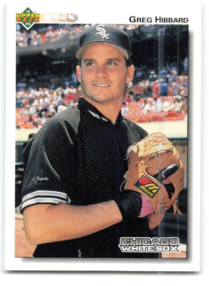 Baseball card of Greg Hibbard in black Chicago White Sox uniform holding glove