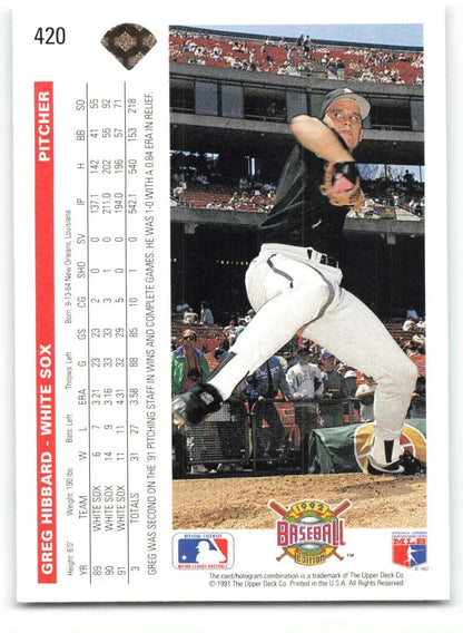 Chicago White Sox Baseball Card featuring Greg Hibbard in pitching motion