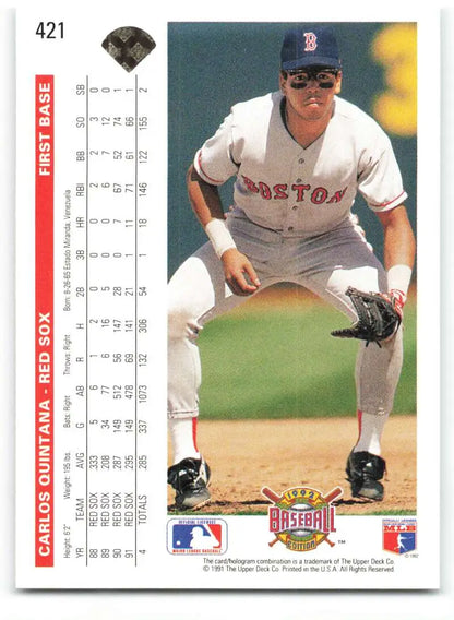 Boston Red Sox Carlos Quintana in fielding stance on 1992 Upper Deck baseball card