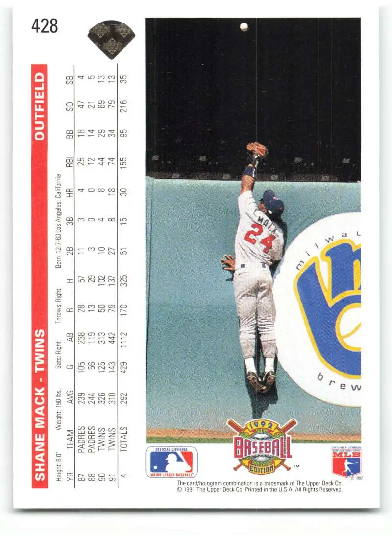 Shane Mack leaps for a catch on the 1992 Upper Deck Minnesota Twins Baseball Card