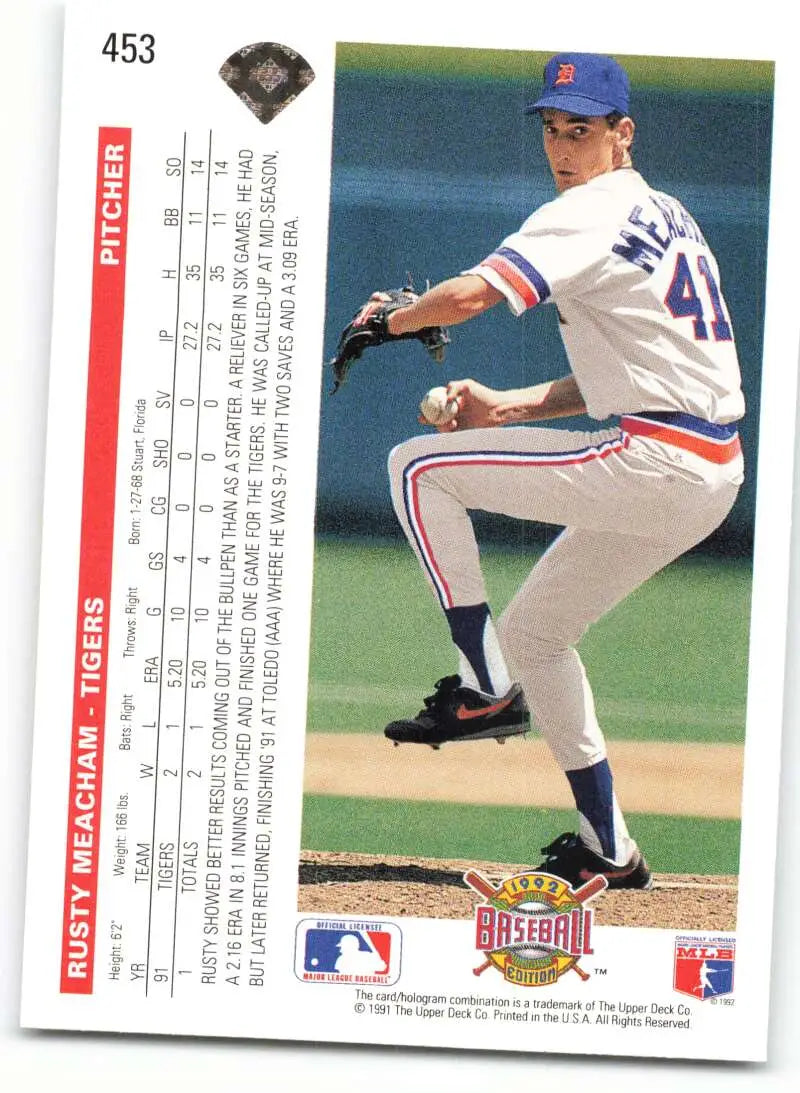 Baseball card of Rusty Meacham pitching for the Detroit Tigers in Montreal Expos uniform