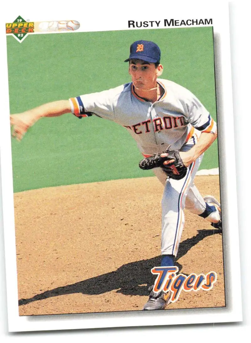 Baseball card of Rusty Meacham in delivery motion for Detroit Tigers Baseball