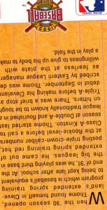 Baseball card featuring Jim Thome biography from 1992 Upper Deck series