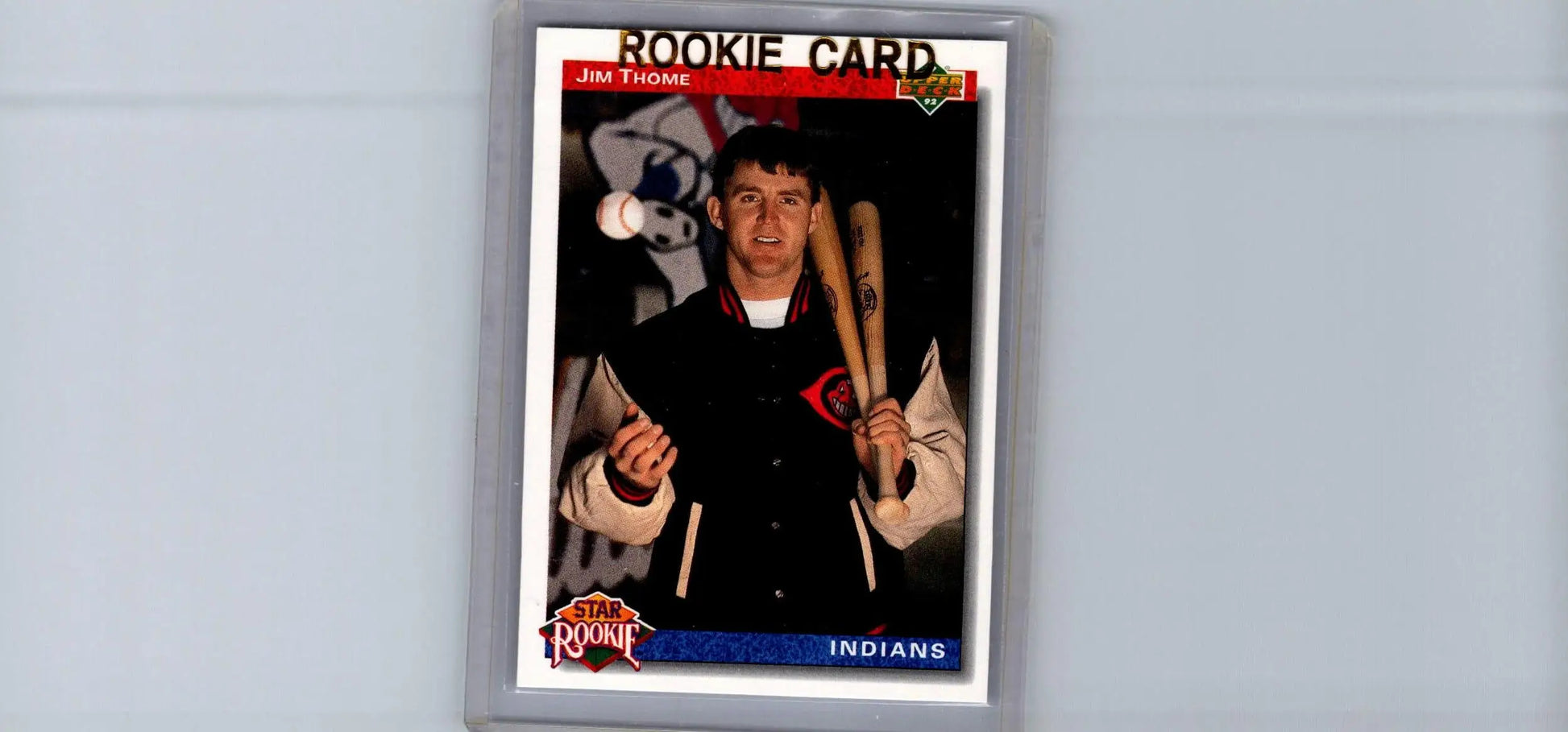 Jim Thome 1992 Upper Deck rookie baseball card with letterman jacket and bat