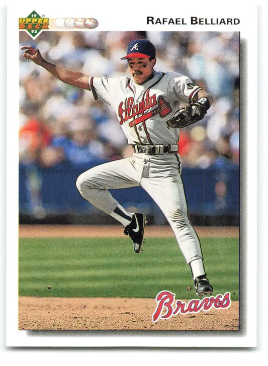Rafael Belliard mid-delivery motion on 1992 Upper Deck baseball card for Atlanta Braves
