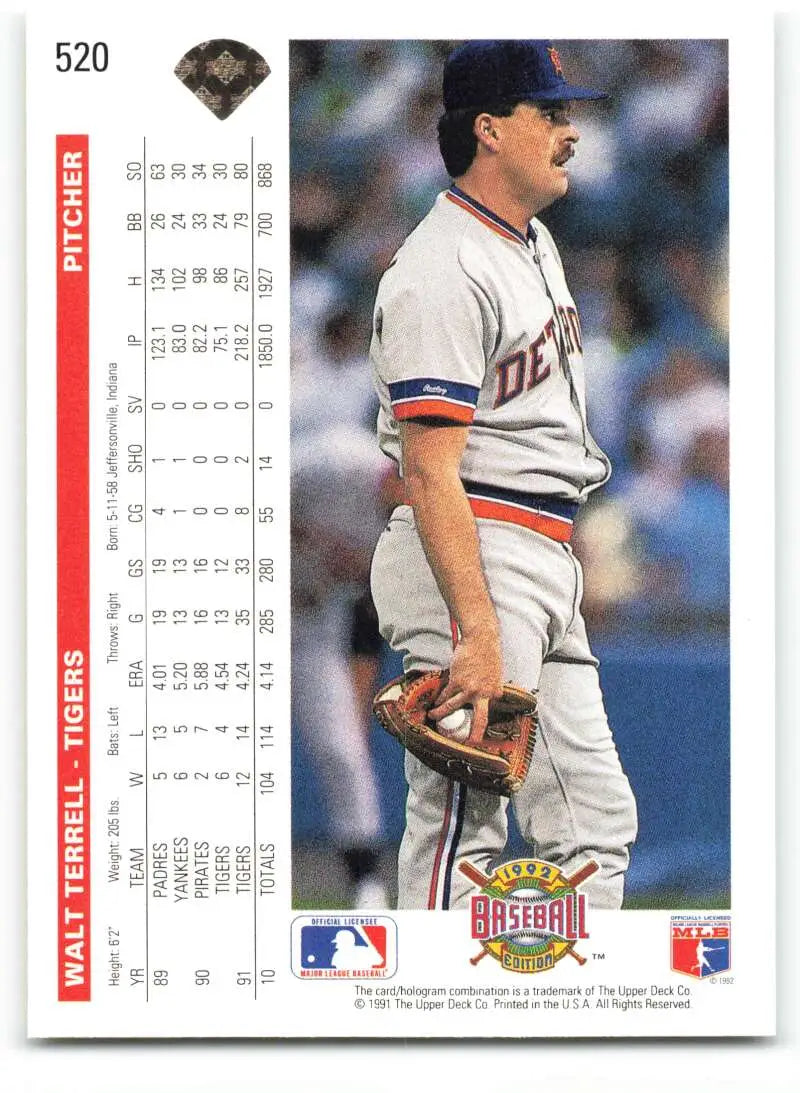 Baseball card of Walt Terrell in road gray uniform for Detroit Tigers