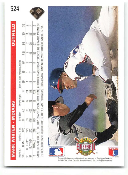 Dramatic play at home plate on 1992 Upper Deck Mark Whiten Cleveland Indians Baseball Card