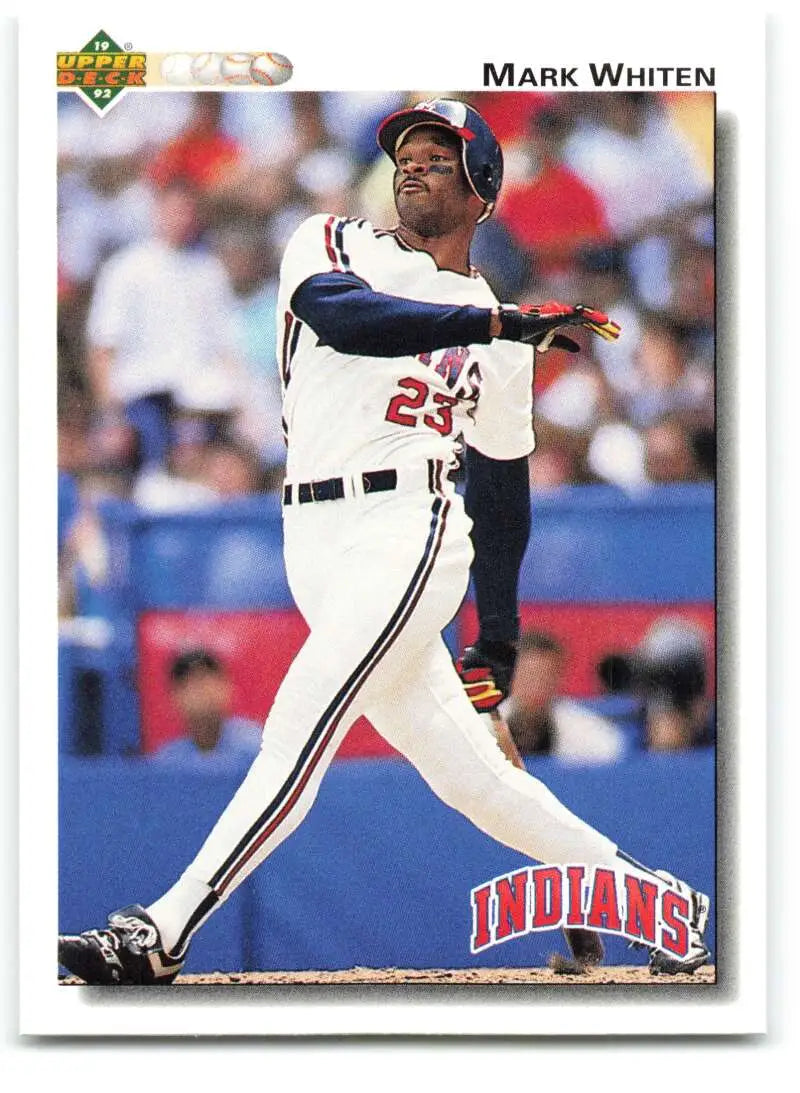 Cleveland Indians Baseball Card of Mark Whiten in white uniform swinging bat