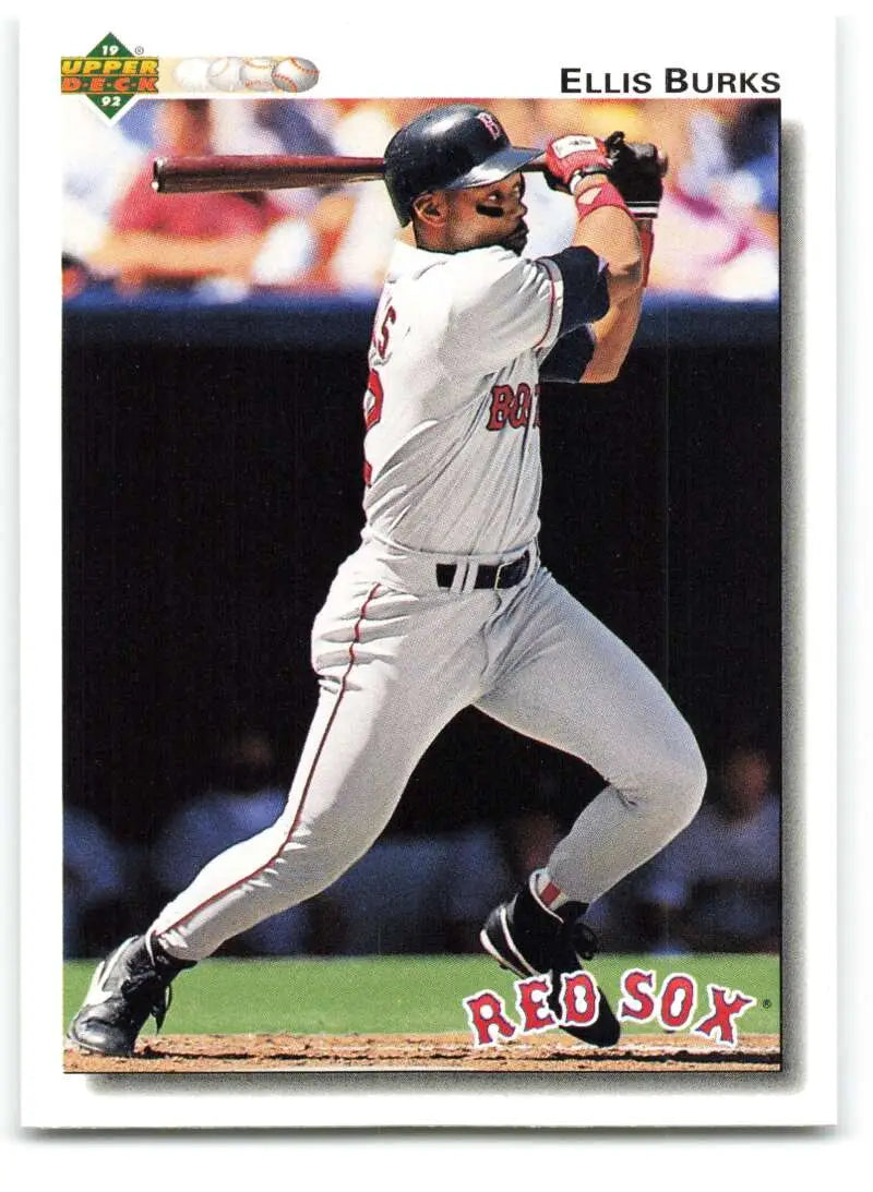 Baseball card of Ellis Burks swinging bat for Boston Red Sox in white uniform