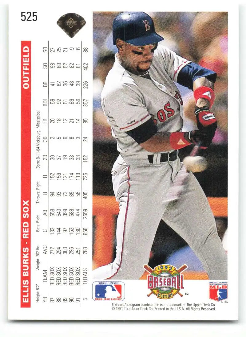 Baseball card of Ellis Burks in gray Boston Red Sox uniform at bat