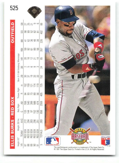 Baseball card of Ellis Burks in gray Boston Red Sox uniform at bat