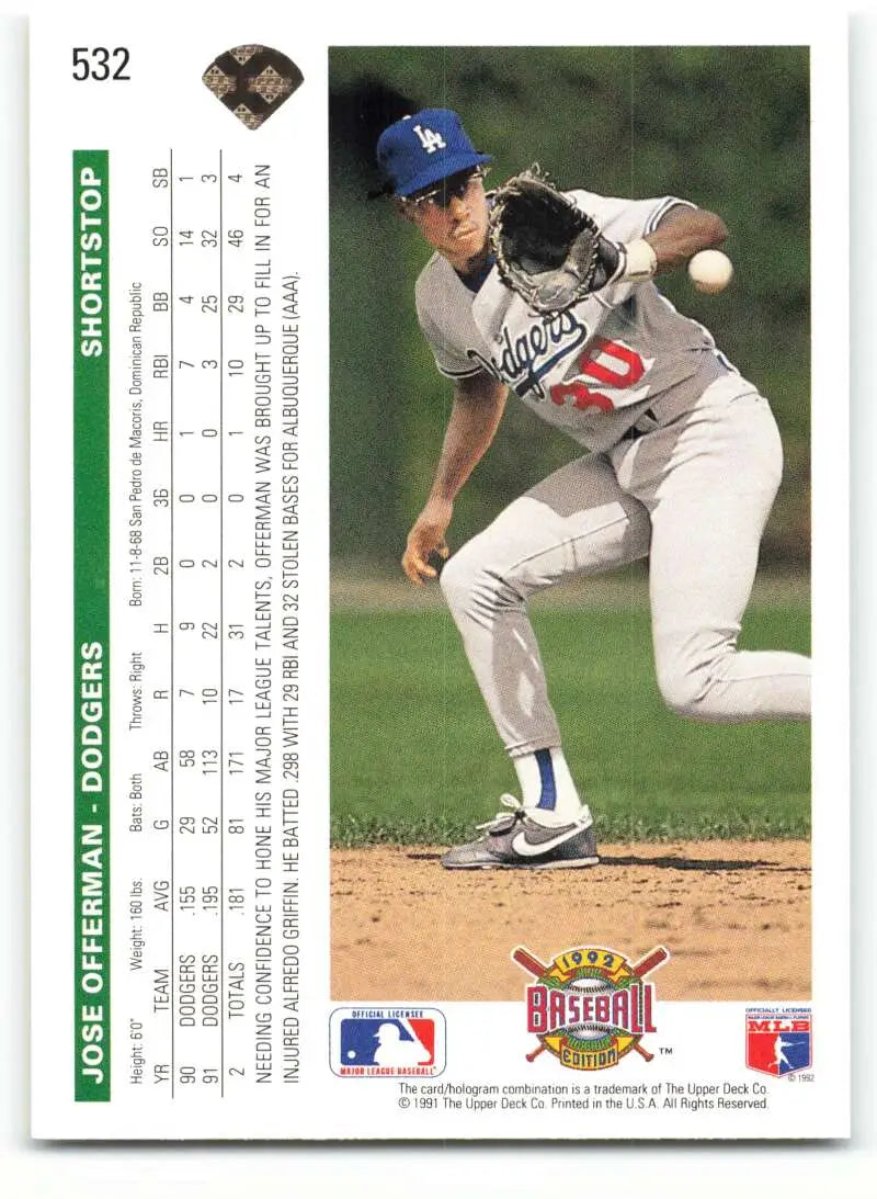 Jose Offerman in mid-delivery wearing gray Dodgers uniform on Upper Deck baseball card