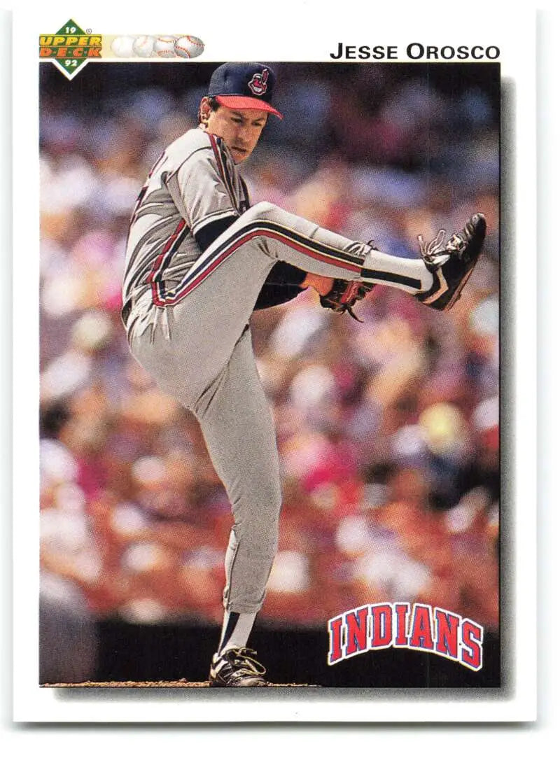 Baseball player Jesse Orosco in Cleveland Indians uniform executing a pitching motion