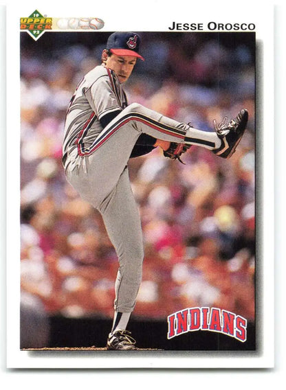 Baseball player Jesse Orosco in Cleveland Indians uniform executing a pitching motion