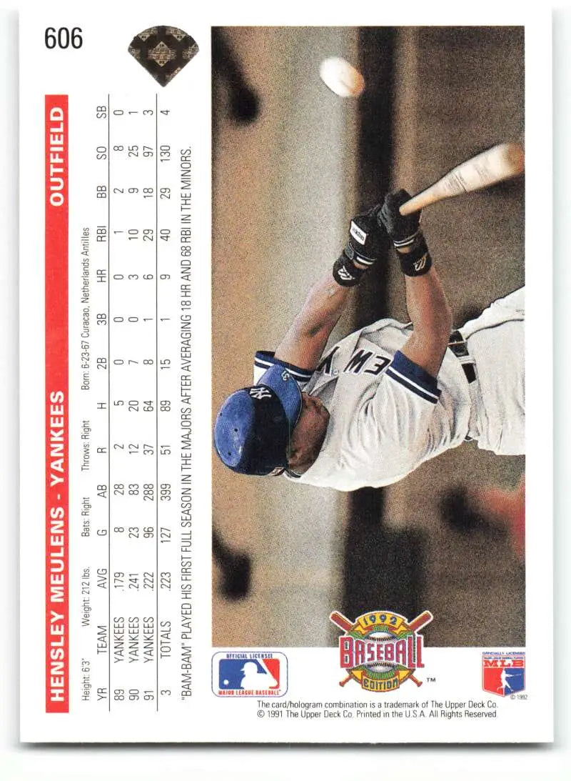 1992 Upper Deck #606 Hensley Meulens sliding into home plate New York Yankees Baseball Card