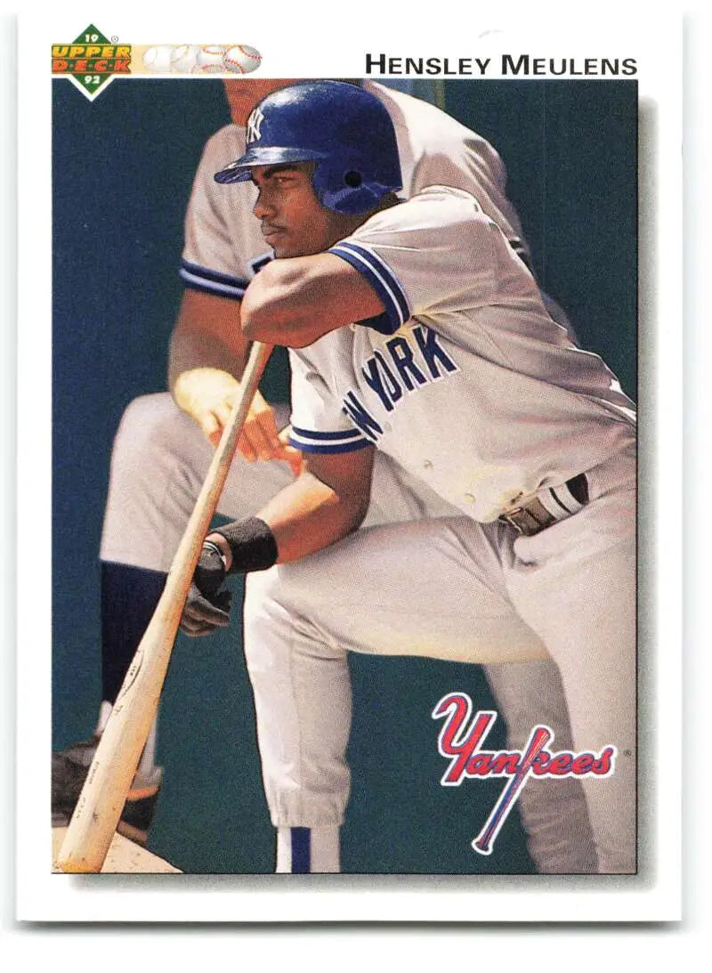 New York Yankees baseball card of Hensley Meulens ready to hit in white uniform