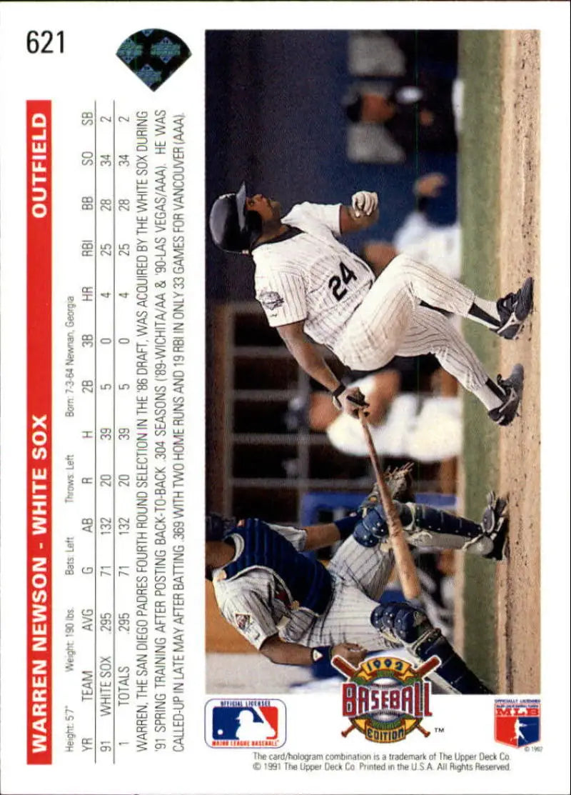 Baseball card of Warren Newson in dramatic play at home plate for Chicago White Sox