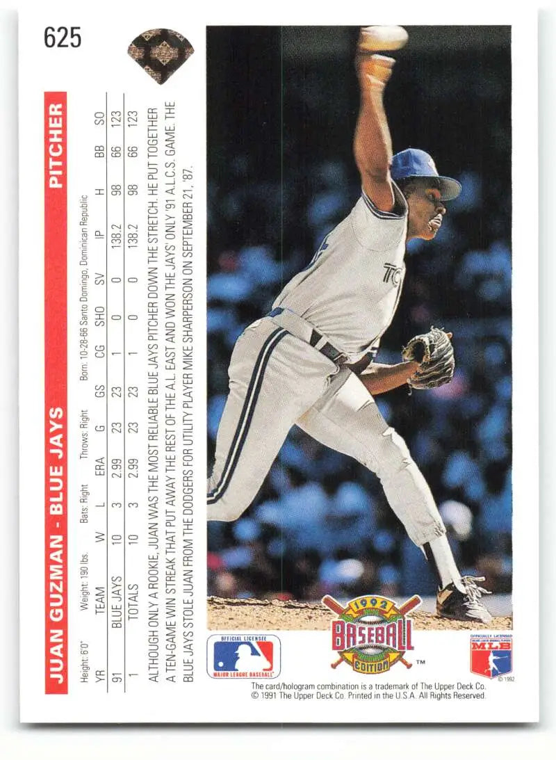 Toronto Blue Jays pitcher Juan Guzman in mid-delivery on 1992 Upper Deck baseball card