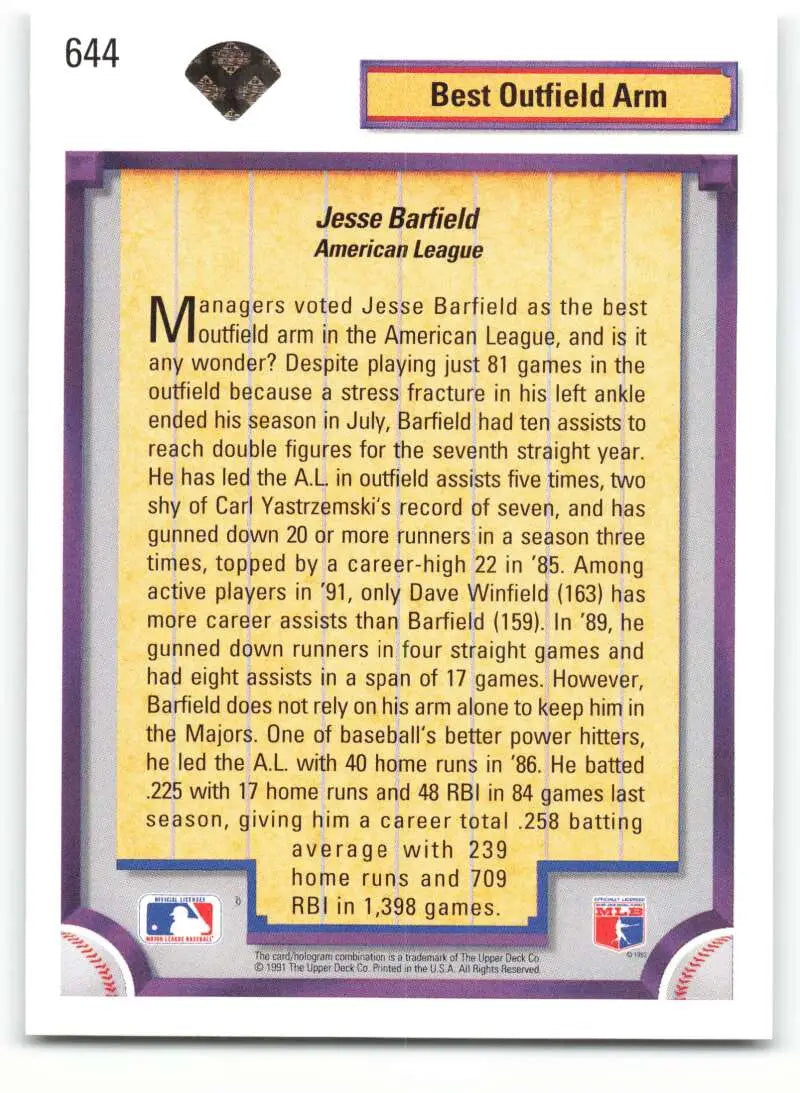 Jesse Barfield 1992 Upper Deck Baseball Card showing New York Yankees outfielder stats