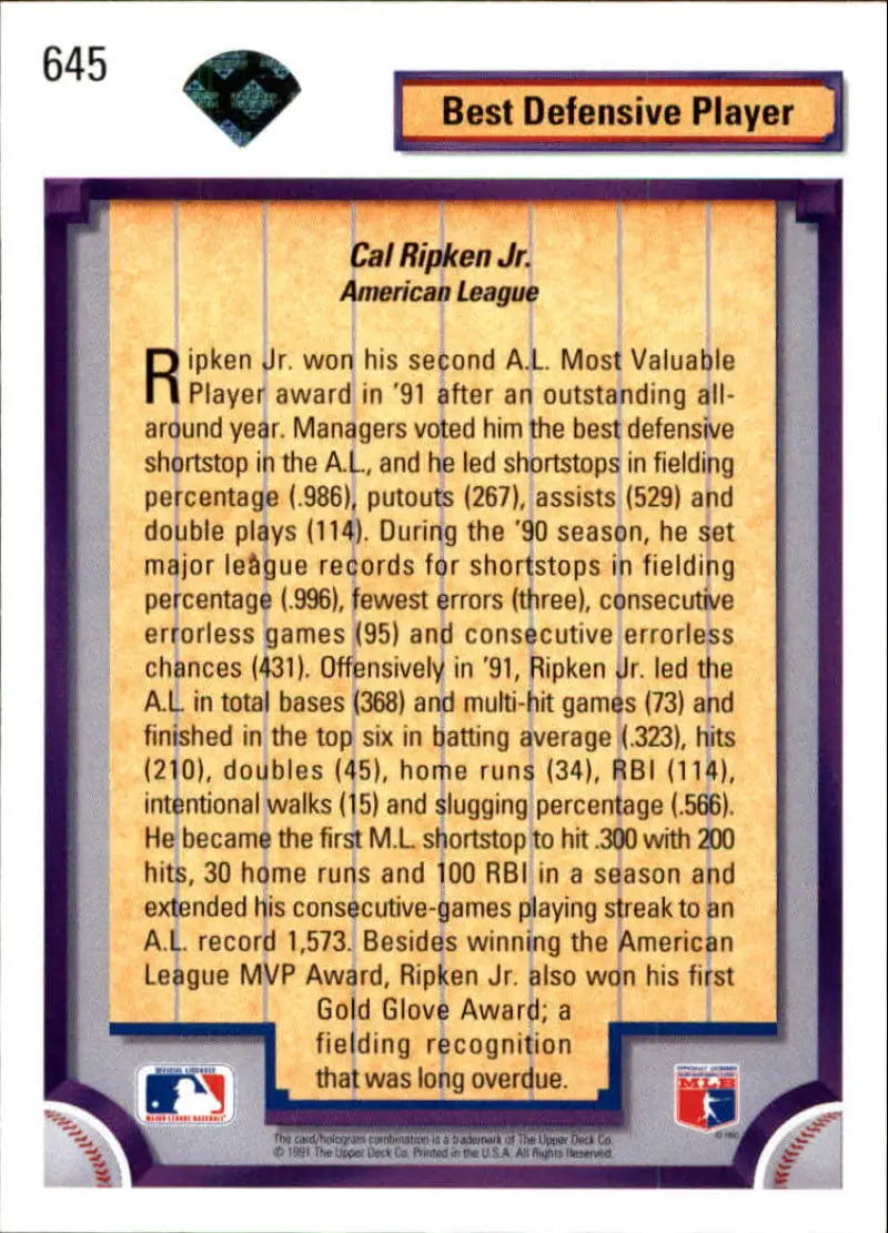 Cal Ripken Baltimore Orioles Baseball Card showcasing defensive player statistics and achievements