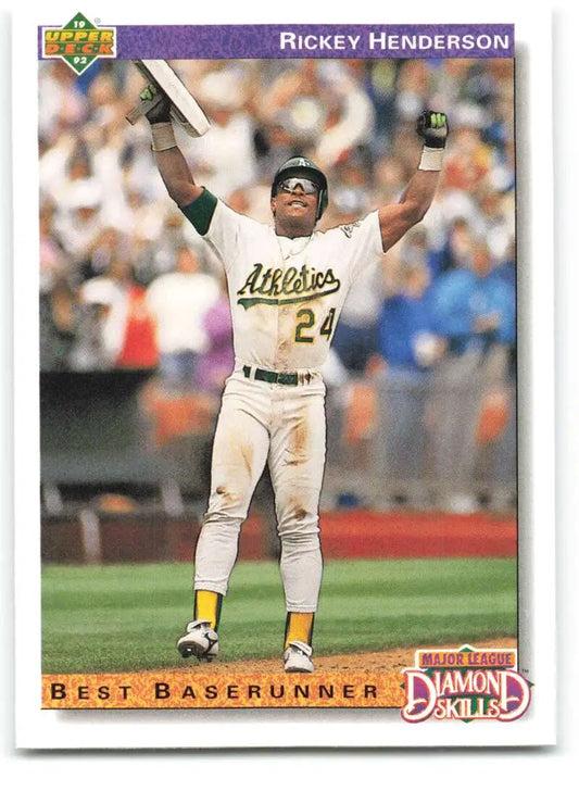 1992 Upper Deck Rickey Henderson baseball card featuring Oakland Athletics player celebrating