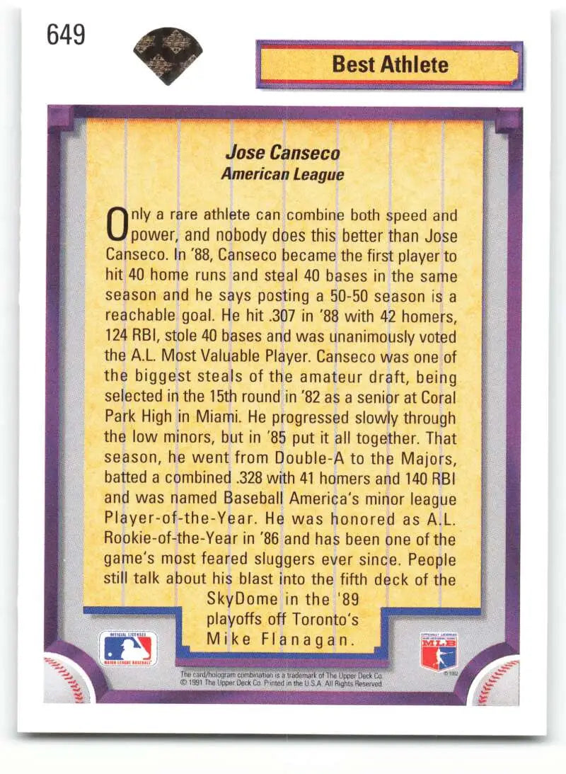Jose Canseco baseball card showcasing statistics for the Oakland Athletics in 1992